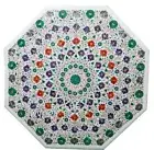 Octagon White Marble Coffee Table Top Multicolour Stone Inlay Work Hallway Table