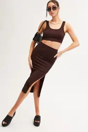 Brown Midi Skirt Front Split Jersey - Size 12, Women's Midi Skirt