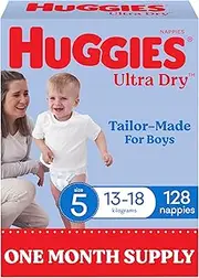 Huggies Ultra Dry Nappies Boys Size 5 (13-18kg) 128 Count - One Month Supply (Packaging May Vary)