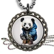 Blue Eyed Panda Bear Kids Bottle Cap Necklace Handcrafted Gift Photo Jewelry