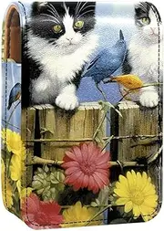 Travel Lipstick Organizer Case,Lipstick Case Portable Makeup Bag with Mirror,Bird and Cat Flower