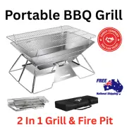 Portable Folding BBQ 2-In-1 Charcoal Grill Fire Pit Camping Home Outdoor Cooking