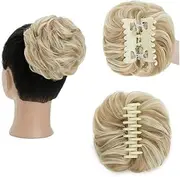 Hairpiece Claw Clip Messy Hair Bun Scrunchie Wavy Curly Chignon Hair Extensions Synthetic Tousled Updo Hair Piece Daily Use(Ash Blonde mix Bleach Blonde)