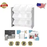 Space-Saving 9 Bin Toy Organizer - Engineered Wood with Grey and White Finish