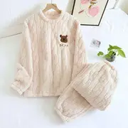 Couple Matching Set: Long-Sleeve Crew Neck Bear Print Fleece Pajama Top + Pants Set - Women - Off-White - M