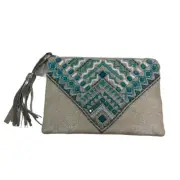 NWT Chico's Clutch Bag Beaded Embroidered Geometric Tassel Zipper Aqua Silver