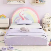 CostwaySingle Floor Bed Frame Upholstered Twin Size Kids Floor Bed for 3+ Kids-Purple