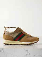 [Gucci] Gucci - Nora Webbing And Leather-trimmed Suede And Canvas-jacquard Sneakers - Beige - IT40 IT 40 Neutrals