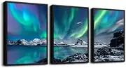 MHARTK66 Black Framed Wall Art For Living Room Decoration Bedroom Abstract Pictures Office Decor Blue Aurora Scenery Paintings Modern Home 12''X16'' Set of 3 Piece Prints,Blue,White