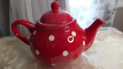 Red Teapot Coffee White Dots 6 Cups Shabby Ceramic 8x11" Lid Whimsy NWT Gift