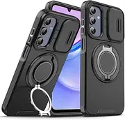 Military-Grade Shockproof Case for Samsung Galaxy A15 5G [2024] - Magnetic Kickstand, Slide Camera Lens Cover, 360°Rotatable Metal Ring, Car Mount Compatible - Heavy Duty Protective Phone Cover-Black
