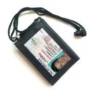 RFID BLocking Black Genuine Leather Neck Strap ID Badge 6 Credit Card Billfold H