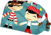 [WOSHJIUK] Working Hat 2 Pack Scrub Caps for Women,Cartoon Pirate Ocean Theme,Tie Back Cap Adjustable Scrub Hat