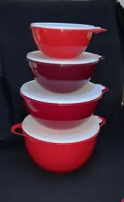 ✅ Brand New Tupperware Thatsa Bowls Set Of 4~Shades Of Red With White Seals*