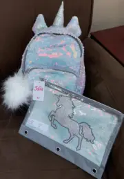 JUSTICE MINI BACKPACK & PENCIL CASE SHIMMERING IRIDESCENT SEQUINS UNICORN CUTE!!