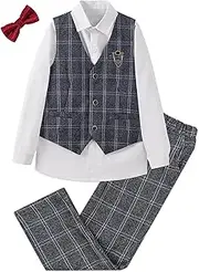 [LOLANTA] Boys Vest Pants Set Plaid Dress Suit with Shirt Kids Tuxedo Formal Wedding Ring Bearer Outfit