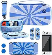 RHOTALL 8 in 1 Cute Travel Carrying Case for Nintendo Switch OLED,Hard Shell Portable Carry Case with 10 Game Card Slots,Protector Cover,Screen Protectors,Strap,2 Thumb Caps for Boys Girls Kids -Blue