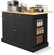 SILKYDRY Kitchen Island with Storage and Drop Leaf, Storage Cabinet with Rubber Wood Top, 2 Drawers, Adjustable Shelves, Spice Racks, Coffee Bar Table for Dining Room, Living Room (Black)