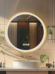[LUVODI] Round Bathroom Mirror with LED Lights, 800mm Illuminated Wall Mounted Vanity Mirror with Gold Aluminum Frame, Front Light Makeup Mirror Smart Switch, Anti-Fog 3 Colors Dimmable Memory Function