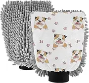 Washing Mitts Car Wash Cute Cartoon Bulldogs White Auto Car Washing Sponges & Mitts Scratch Free Soft Absorbent Chenille Microfiber, Medium x 2 Pack