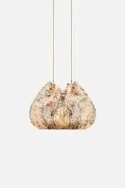 DRAWSTRING POUCH WITH CHAIN STRAP ADORNED IN ANTIQUITY