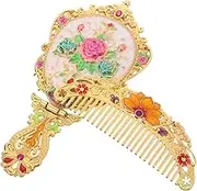 1Set Vintage Handheld Makeup Mirror and Comb Set Retro Folding Vanity Mirror with High Definition Reflection Stylish Design and Multifunctional Comb for Women Peony Flower