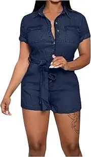 [Generic] BOD Suit Playsuit Jumpsuit Belt Casual Pocket Overalls Romper Denim Button Women Solid Women's Jumpsuit Night Out Romper