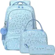 [Meisohua] Girls Backpack with Lunch Box 3 in 1 Set Kids Backpack for Girls Preschool Kindergarten Elementary School Backpack, Furry Butterfly Blue, One Size