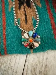 Navajo Multi Stone & Sterling Silver Cluster Brooch/ Pendant