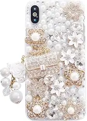 DMaos iPhone SE 2020/iPhone 8/iPhone 7 Women Case, Handbag Design Sparkly Rhinestone Cover, Cute Girly Bling Diamond Snow Flower, Clear Plastic Fashion Case with Crystal Embellishments