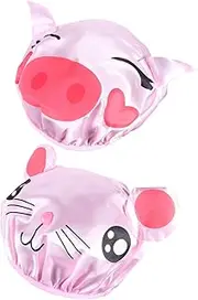 HAMPPLIES 2 Pcs Shower Caps Cartoon Bath Hats for Hair Protection Lightweight Durable Elastic Ear Covers for Travel Bathing Pig Mouse