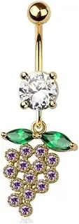 [Pierced Owl] 14GA 316L Stainless Steel CZ Crystal Grapes Dangling Belly Button Ring