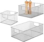 Silver Metal Wire Basket Pantry Storage Organizer Bins with Handles, 3-Piece Set