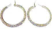 [Fashion Jewelry] Crystal Iridescent Silver Double Rhinestone Paved Hoop Earrings 2.25 inch Hoop Earrings