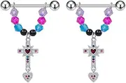 [Niaspi] 14G Colorful Beads Cross Dangle Nipple Rings for Women 316L Surgical Steel Straight Barbell Nipplerings Summer Beach Boho Nipple Piercing Jewelry, 14G, Stainless Steel, no gemstone