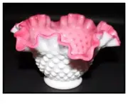 FENTON ART GLASS " DEEP PINK / PEACH " RUFFLED EDGE HOBNAIL DIMPLED BOWL