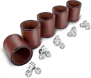 RNK Gaming 5 Pack of Professional Dice Cups PU Leather and Brown Velvet Lined, Includes 25 White Six-Sided Dice
