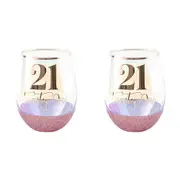 2PK 21st Glitter Stemless Pink 600ml Drinking Cup Novelty Print Event Glass