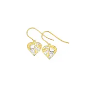 9ct Gold Two Tone Diamond-cut Filigree Heart Drop Hook Earrings