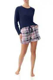 Ladies Givoni PJS Long Top and Shorts Pyjama Set Blue Check (Hillary 81H)