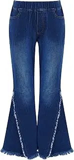 [TiaoBug] Kids Girls Casual Ripped Fitted Denim Pants Flare Jeans Elastic Waist Bell Bottom Raw Hem Denim Pants