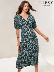 Lipsy Blue Petite Floral Mixed Print Short Sleeve Viscose Midi Dress (AT8551) | $136