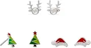 [JewelryWeb] 925 Sterling Silver Reindeer Santa Hat and Tree Earring Set Stud Colored Enamel Simulated Pearl Poms Cry-Stud-Earring for Women
