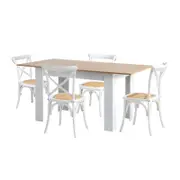 Oikiture 5PCS Dining Set 160cm Extendable Dining Table with Dining Chairs Crossback White