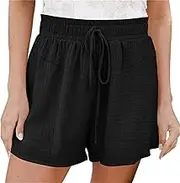 Summer Flowy Beach Drawstring Shorts - Ruffle Flowy Shorts with Pockets - Nightwear Shorts for Women High Waist Drawstring Comfy Detail Beach Shorts - Womens Petite Dress Pants Shorts Linen Shorts
