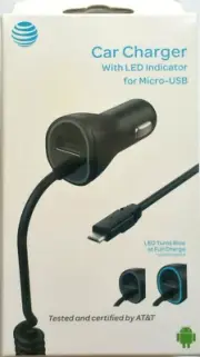 AT&T 3.4A Extra USB and Corded Micro USB Car Charger w' LED Indicator