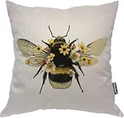 Moslion Bee Pillowcases 18x18 Inch Animal Insect Bug Bee with Wings Yellow Flower Throw Pillow Cover Case Cotton Linen Decorative Cushion for Couch Bed