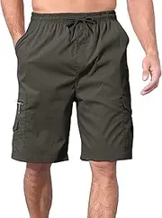 [JEShifangjiusu] Mens Classic Drawstring Shorts with Pockets Elastic Waist Cargo Straight Pants Wide Leg Short Pants, Army Green, S