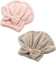 TOVINANNA 2pcs Coral Fleece Hair Drying Caps Fast Absorbing Shower Turban for Quick Drying Stylish Bowknot Design Pink and Coffee Colors Ideal for Home and Travel