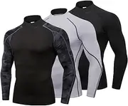 [Lanbaosi] 3 Pack Mens Mock Turtleneck Compression Shirts Long Sleeve Sun Protection Shirts Cooling Workout Gym Tops Undershirt, Black Line+white+camo Black, Large